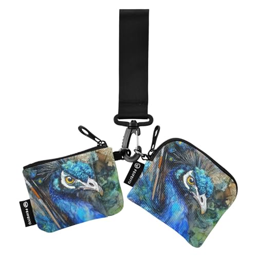 Blauer Pfau Damen-Münzgeldbörse, Kartenhalter, große Kapazität, Kartenetui, Geldorganizer mit Schlüsselanhänger, für Arbeit, Reisen, 2 Packungen von SyXIOP