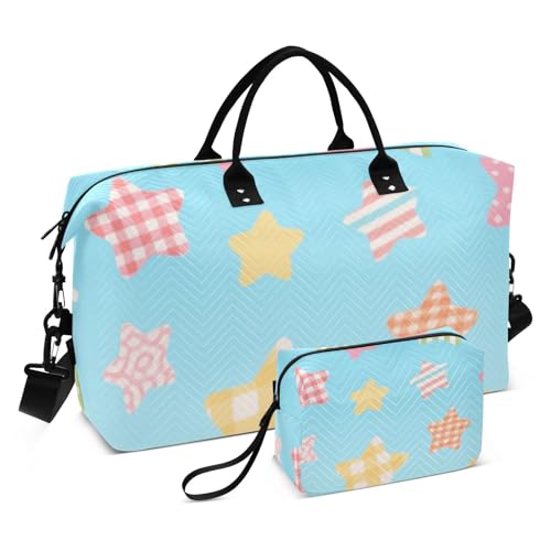Bunte karierte Sterne, dekorative Übernachtungstasche, Turnbeutel mit Kulturbeutel für Fitnessstudio, 2-teiliges Set, Bolso de para Hombre von SyXIOP