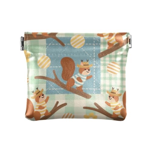 Cartoon braune Eichhörnchen grün kariert Mode Damen Leder Münzbörse Geldbörse Geldbörse Wasserdicht Mini Kosmetiktasche für Frauen MONEDERO PARA von SyXIOP