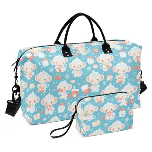 Dekorative Reisetasche, Sporttasche mit verstellbarem Riemen, für Trekking, 2-teiliges Set mit Cartoon-Affe, Milchweiß, Weihnachtsblau Dekorative Reisetasche, Sporttasche mit verstellbarem Riemen, für Trekking, 2-teiliges Set mit Cartoon-Affe, Milchweiß, Weihnachtsblau von SyXIOP