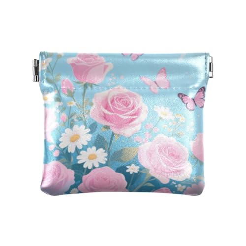 Geldbörse mit rosa Rosen und Schmetterlingen für Damen, PU-Leder, tragbar, Kleingeldbörse für Männer und Frauen, Reisen, mondero para cambio von SyXIOP