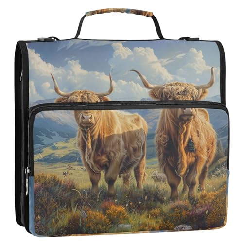 Highland Cattle Wild Cartoon 3 Ringe 3,8 cm Reißverschluss Ordner Organizer mit Gurt Wasserdicht Tragbar Homravel Sichere Aufbewahrungstasche für Mittelschüler Carpeta con Bolsillo Extra von SyXIOP