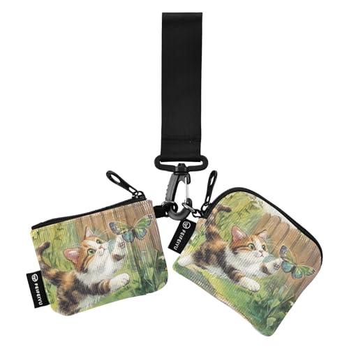Katze, die einen bunten Schmetterling jagt, Kartenetui, Mini-Mode-Ausweishalter, Schutz mit Schlüsselanhänger für Arbeit, Reisen, 2 Packungen von SyXIOP