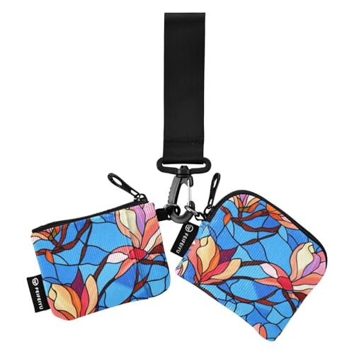 Kreditkarten-Etui mit blühender Magnolie, Blume, Glas, für Damen, schmal, abnehmbar, Münzgeldbörse mit Schlüsselanhänger, für Arbeit, Reisen, 2 Packungen von SyXIOP