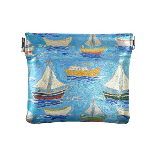 Kunst-Ölgemälde, blaues Boot, modisch, kleine Geldbörse aus Leder, wasserdicht, Kleingeldbörse mit Verschluss, für Männer und Frauen, Reisen, portamonedas para von SyXIOP