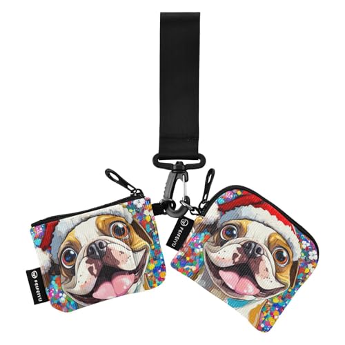 Merry Christmas Funny Brown Bulldog Damen Kartenetuis Kleingeldhalter Kompakte Größe Handgelenktasche Schlüsselhalter mit Reißverschlusstasche für Arbeit Reisen 2 Stück Mondero Porta Tarjetas Para von SyXIOP