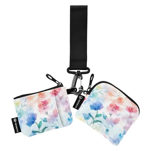Münzbeutel für Damen, Aquarellfarben, bunte Blumen, Kartenhalter, klein, abnehmbar, Handgelenk, Schlüsselhalter mit Schlüsselanhänger, für Damen, 2 Packungen von SyXIOP