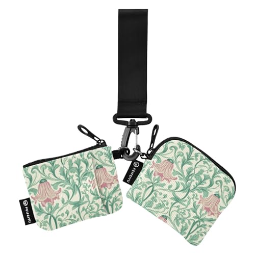 Münzbeutel für Damen, Retro-Stil, rosa Glockenblume, grüne Blätter, Kartenhalter, großes Fassungsvermögen, Reißverschluss, Münzfach mit Reißverschluss, Münzfach für Damen, 2 Stück Münzbeutel für Damen, Retro-Stil, rosa Glockenblume, grüne Blätter, Kartenhalter, großes Fassungsvermögen, Reißverschluss, Münzfach mit Reißverschluss, Münzfach für Damen, 2 Stück von SyXIOP