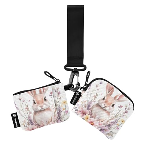 Münzgeldbörsen für Damen, niedliches weißes Kaninchen, Blumen, Ostern, Kartenetui, schlank, tragbar, Kleingeldbörse, Schlüsselhalter mit Reißverschlussfach für Damen, 2 Stück von SyXIOP