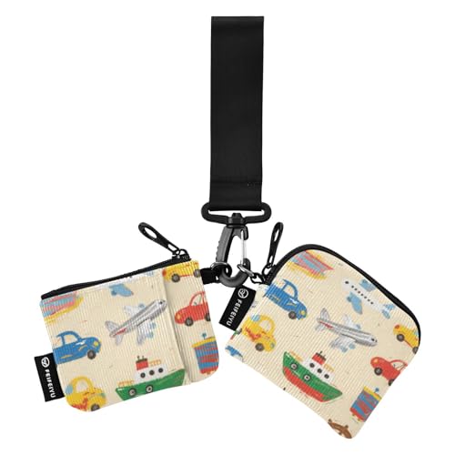 Münztaschen für Damen, Cartoon-Design, bunte Autos, Schiffe und Flugzeuge, Kartenhalter, kompakte Größe, Geld-Organizer mit Schlüsselanhänger für Damen, 2 Packungen von SyXIOP