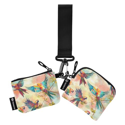 Mujer para Damen-Geldorganizer, Motiv: tropischer Wirbel, Papageienfarben, klein, abnehmbarer Reißverschluss, Münzgeldbörse mit Schlüsselanhänger für den täglichen Gebrauch, 2 Packungen von SyXIOP