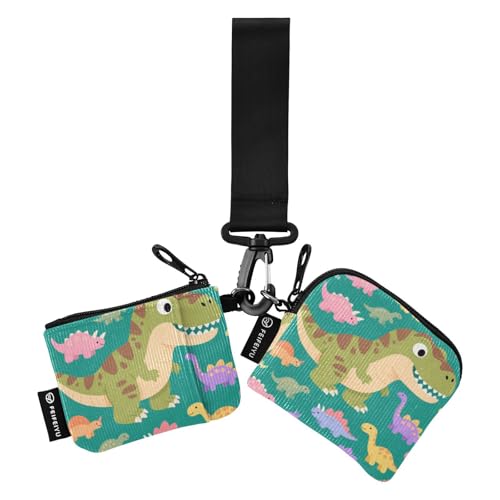 Niedliche Cartoon-Geldbörse mit grünem Dinosaurier-Armband für Damen, große Kapazität, Kreditkartenetui mit Handgelenkschlaufe für den täglichen Gebrauch, 2 Packungen von SyXIOP