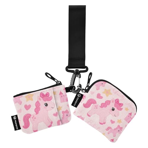 Niedliches Cartoon-pinkes Pferd für Damen, doppelte Brieftaschen, Visitenkartenetui, schlank, tragbar, Karten-Organizer, Geldbörse mit Handgelenkschlaufe für Damen, 2 Packungen von SyXIOP