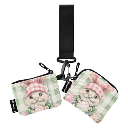 Pink Green Buffalo Plaid Bunny Gnomes Eggs Easter Women's Change Wallet Card Cases Slim Detachable Key Chain Wallet Change Purse with Zipper Coin Pocket for Lady 2 Packs tarjeteros para von SyXIOP