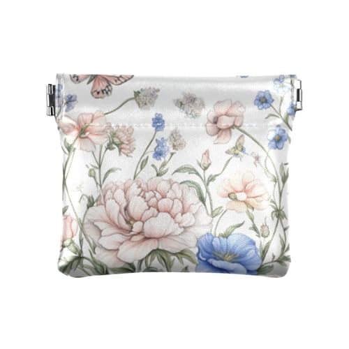 Pinkisch-blaue Pfingstrose Blume Schmetterlinge Mode Damen PU Leder Münzbörse Fancy Change Geldbörse mit Verschluss für Frauen MONDERO Pequeno para Mujer von SyXIOP