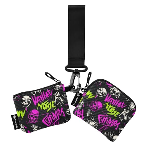 Punk Peach Black Skulls Rock Dual Coin Purse Credit Card Holder Wallet Slim Detachable Business Card Holder with Zipper Coin Pocket for Ladies 2 Packs de Mujer para tarjetas von SyXIOP