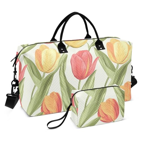 Spring Retro Blooms Yellow Pink Decorative Weekend Bag Large Gym Bag with Toiletry Bag for Trekking 2 Pcs Set bolsos para viajar von SyXIOP