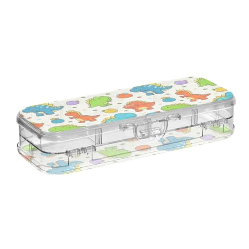 SyXIOP Beigefarbenes Federmäppchen mit niedlichem Dinosaurier-Design, doppelstöckig, transparent, Hartschalen-Etui für Schreibwaren, mit Schnappdeckel von SyXIOP