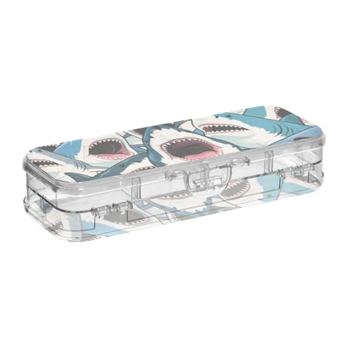 SyXIOP Buntes Cartoon-Tier-Hai-Design, transparente Kunststoff-Bleistiftbox mit doppelstöckigem Deckel, für Schreibwaren von SyXIOP