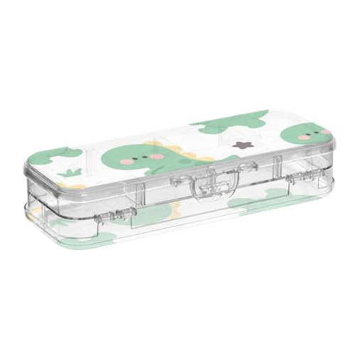 SyXIOP Federmäppchen mit niedlichem Cartoon-Dinosaurier-Design, transparent, 2-lagig, großes Stifteetui für Schreibwaren, mit Schnappverschluss und Deckel von SyXIOP