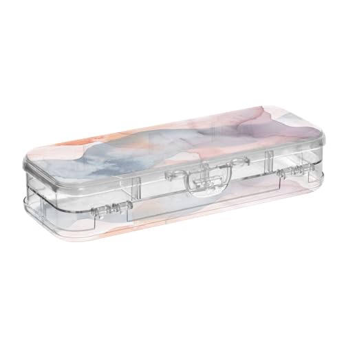 SyXIOP Grau-rotes Marmor-Design, transparente Stiftebox aus Kunststoff, doppelstöckige Stiftebox für Schreibwaren, mit Schnappdeckel von SyXIOP