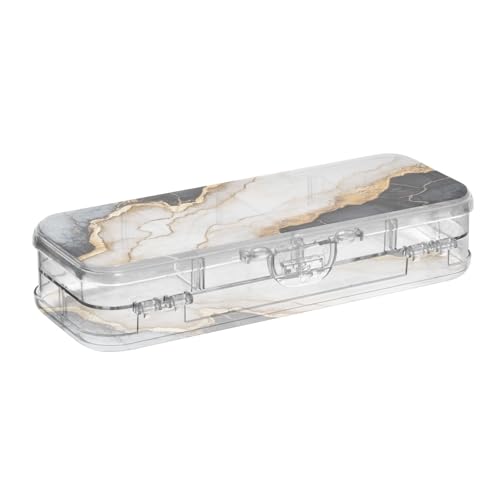 SyXIOP Schwarze und goldene Stiftebox aus transparentem Kunststoff, 2-lagig, für Schreibwaren, mit Schnappverschluss und Deckel von SyXIOP