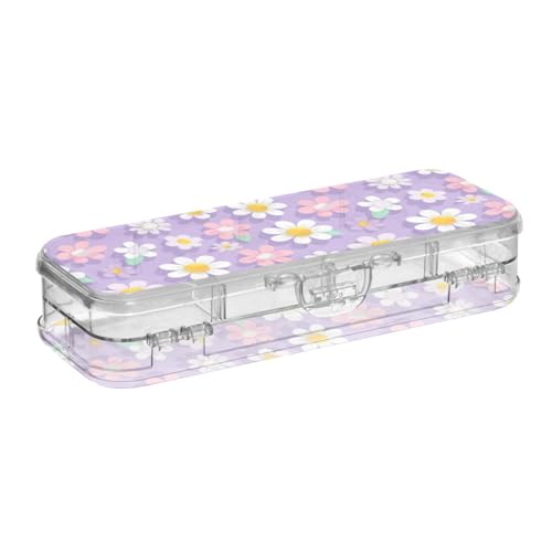 SyXIOP Stiftebox aus Kunststoff mit buntem Blumen-Design und Gänseblümchen-Design, transparent, doppelstöckig, für Kinder, mit Schnappdeckel, Violett von SyXIOP