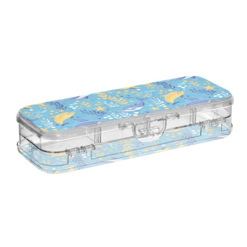 SyXIOP Transparente Stiftebox mit Meerestier-Delfin-Design, doppelstöckige Stiftebox für Kinder, mit Schnappdeckel von SyXIOP