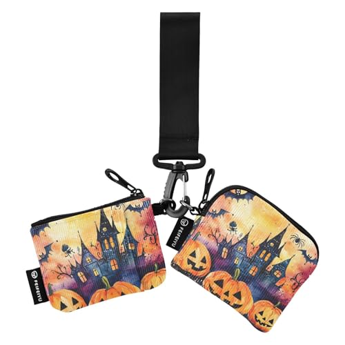 The Evil Yellow Pumpkin Castle on Halloween Dual Wristlet Wallets for Women Thin Flat Card Money Holder with Zipper Pocket for Woman 2 Packs tarjetas de credito para von SyXIOP