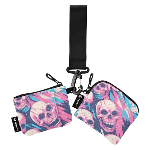 Totenkopf Pfirsichblau Halloween Damen Münzgeldbörsen Kartenetuis Slim Portable Visitenkartenhalter mit Schlüsselanhänger für den täglichen Gebrauch 2 Packungen billetera para tarjetas de Mujer von SyXIOP