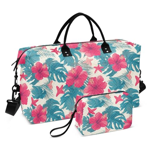 Tropische Blätter, rote Hibiskusblumen, Seesterne, hawaiianische dekorative Handgepäcktasche, für Fitnessstudio, Sport, Seesack mit verstellbarem Riemen, für Trekking, große Kapazität, Bolsas, Grandes von SyXIOP