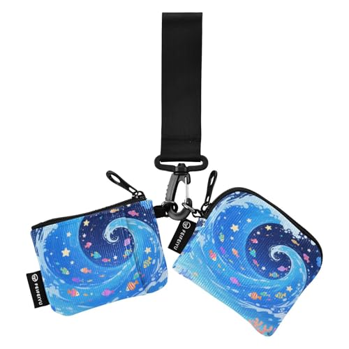 Waves and Colorful Fish Damen Dual Wallets Visitenkartenetuis Kompakte Größe Kleingeld Geldbörse Schlüsselhalter mit Armband für Damen 2 Stück Recto Verso von SyXIOP