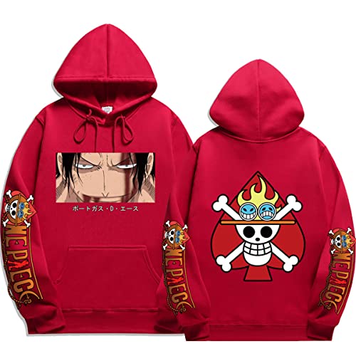 Sybnwnwm Anime One Piece Print Hoodies Ace Sweatshirts Herren Damen Teenager Streetwear Hip Hop Pullover, rot, XL von Sybnwnwm