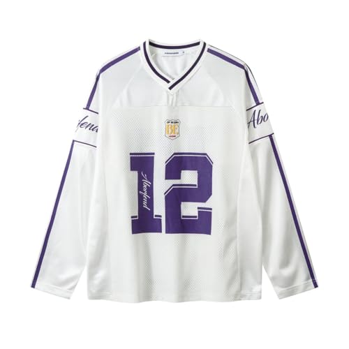 Sybnwnwm Damen Oversized Jersey Shirts Langarm Mesh Nummer Buchstaben Grafik V Ausschnitt Sportbekleidung Streetwear, A-Weiß, L von Sybnwnwm