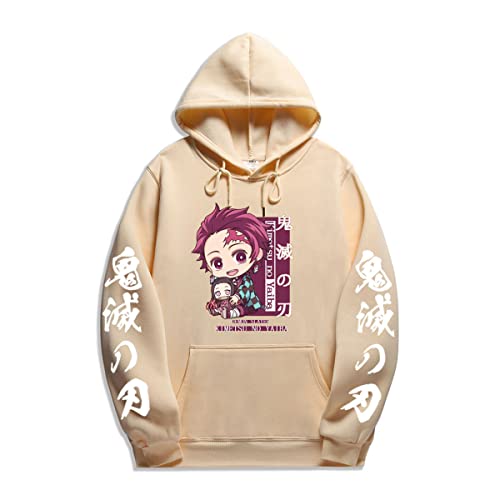 Sybnwnwm Demon Slayer Japanese Anime Cute Hoodie Tanjiro Nezuko Printed Pullover Hoodies für Männer Frauen Jungen Mädchen, beige, S von Sybnwnwm