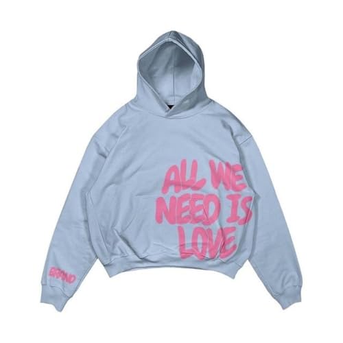 Sybnwnwm Graphic Hoodie All we Need is Love Graphic Letter Print Sweatshirt Y2K Hoodies Streetwear Pullover Herren, Blau, 4XL von Sybnwnwm