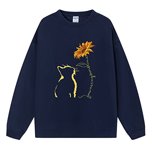 Sybnwnwm Sweatshirt Blume Katze Print Langarm Tops Pullover Bluse Shirts Pullover für Frauen, navy, M von Sybnwnwm