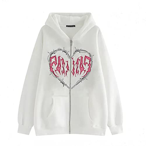 Sybnwnwm Vintage Zip Up Hoodie Y2k Graphic Zipper Hooded Sweatshirt Langarm Punk Jacke mit Taschen, weiß, L von Sybnwnwm