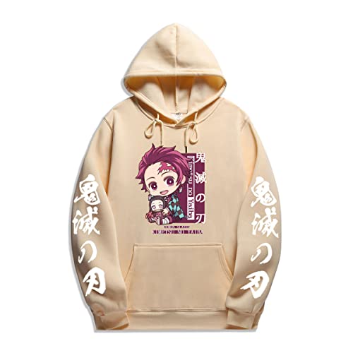 Sybnwnwm Y2K Japanese Anime Cute Hoodie Tanjiro Nezuko Printed Pullover Hoodies für Männer Frauen Jungen Mädchen, beige, S von Sybnwnwm