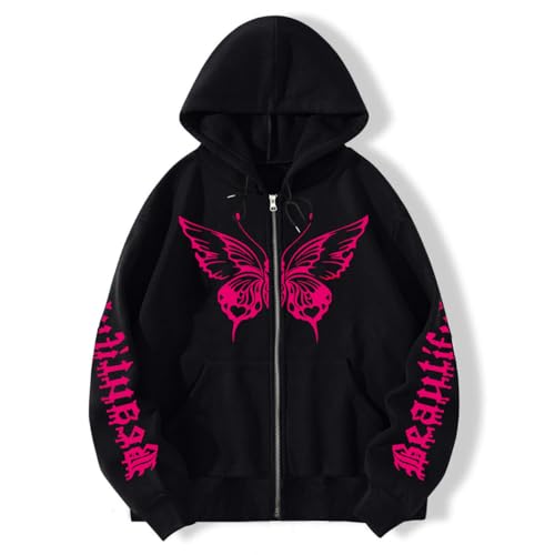 Sybnwnwm Y2k Zip Up Hoodie Schmetterling Graphic Kapuzenjacke Gothic Harajuku Sweatshirt Streetwear für Paare von Sybnwnwm