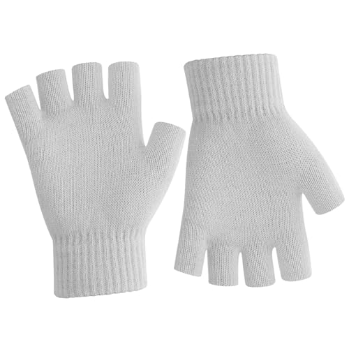 Fingerlose Handschuhe Damen,Handschuhe Fingerlos,Fingerlose Handschuhe Herren,Handschuhe Ohne Fingerkuppen,Fingerless Gloves,Handschuhe Schwarz Winter Thermo Warme Strickhandschuhe Arbeiten,Hellgrau von SycloPak
