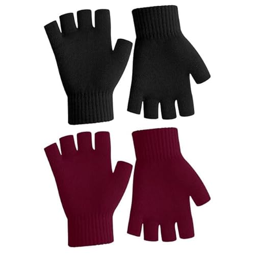 Fingerlose Handschuhe Damen,Handschuhe Fingerlos,Fingerlose Handschuhe Herren,Handschuhe Ohne Fingerkuppen,Fingerless Gloves,Handschuhe Winter Thermo Warme Strickhandschuhe,2pcs Schwarz Burgunderrot von SycloPak