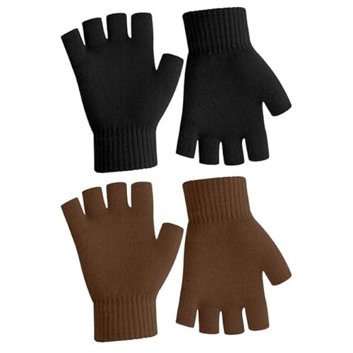 Fingerlose Handschuhe Damen Herren - Winter Thermo Warme Strickhandschuhe Zum Arbeiten - 2 Paar Schwarz Braun von SycloPak