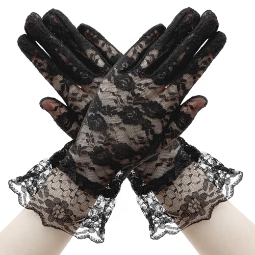 SycloPak Spitzenhandschuhe Schwarz, Halloween Netzhandschuhe, Lace Gloves, Sonnenschutzhandschuhe, Tüll Handschuhe für Damen von SycloPak