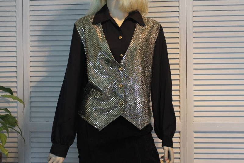 Vintage Schwarz Und Gold Sparkly Shirt 80Er Jahre Größe Large von SydneysVintage