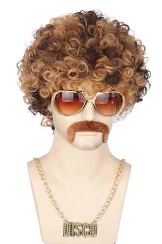 80er Jahre Outfit Perücke Männer, Afro Perücke, 70er 80er Jahre Perücke Disco, Hippie Kostüm Männer, Hippie Zubehör für Karneval Thema Cosplay Party+Sonnenbrille+gold Halskette für lustigen Bart von Syedeliso