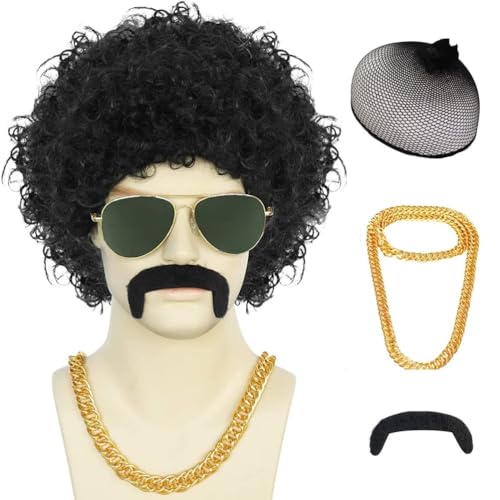 Afro Perücke Schwarze Männer Damen 70er 80er Jahre Kostüm Disco Männer Karneval Perücke Männer Schnurrbart zu kleben Kostüme Halloween Party Kostüme+gold Halskette mit lustigem Bart+Sonnenbrille von Syedeliso