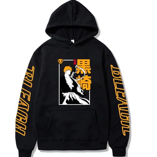 Anime Bleach Kurosaki Ichigo Hoodie Itadori Harajuku Streetwear Hip Hop Streetwear Lässige Sweatshirts Taschen Oberteile (Schwarz,XL) von Syedeliso