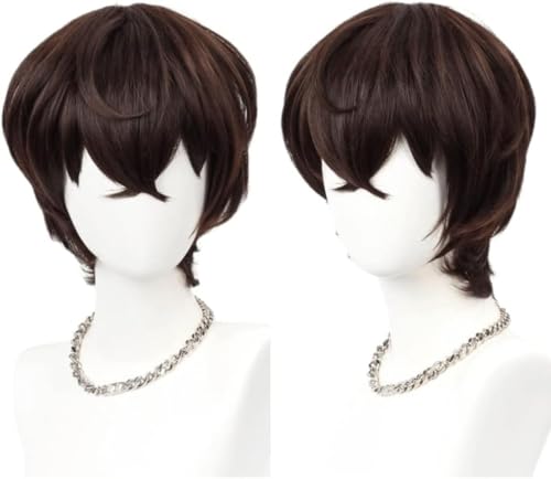 Anime Bungo Streuner Hunde Cosplay Perücke, Dazai Osamu Dunkelbraun Kurzhaar Perücken für Halloween Cosplay Kostüm Perücke Hut von Syedeliso