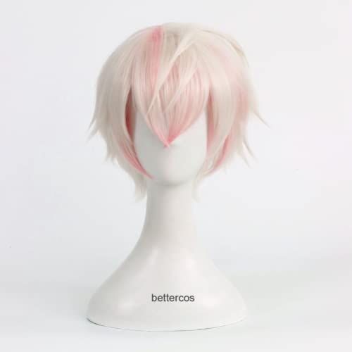 Anime Cosplay Perücke Mystic Messenger Saeran Ray Cosplay Perücke Kurze Weiß Mix Rosa Wärme Beständig Synthetische Haar Perücke Perücke Kappe von Syedeliso